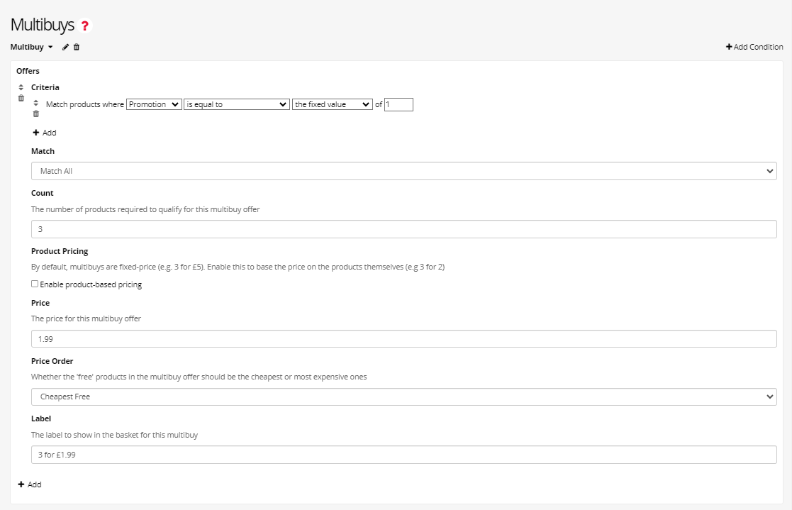 A screenshot of the Multibuy configuration settings in Shop Builder.