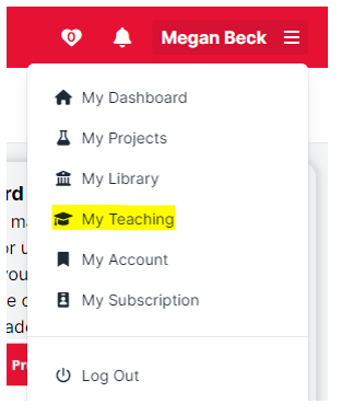 A screenshot of the corner menu, the My Teaching tab is highlighted.