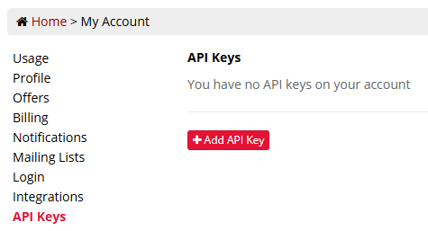 Screenshot of API Keys section of My Account