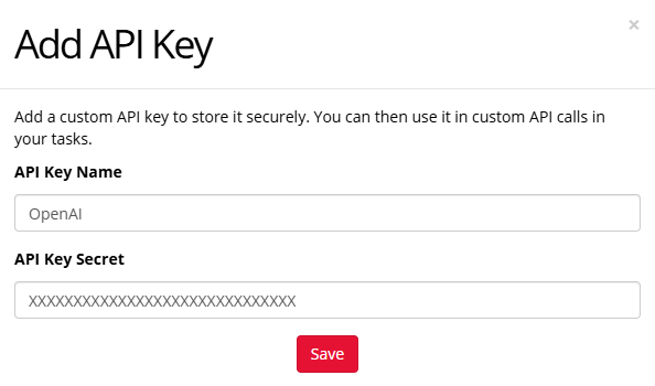 Screenshot of Add Integration window with fields API Key Name and API Key Secret