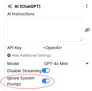Screenshot of the settings for an AI (ChatGPT) component. Ignore System Prompt is toggled on