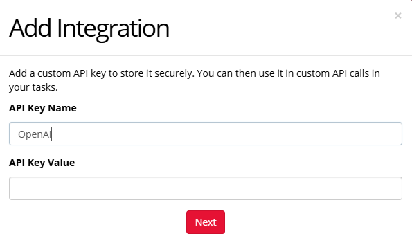 Screenshot of Add Integration window with fields API Key Name and API Key Value