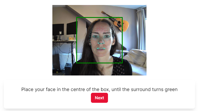 Screenshot of first phase of Webgazer calibration check, with participant's face centred in a green box