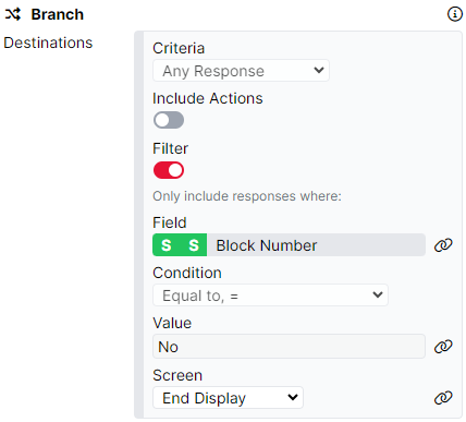 Screenshot of the branching component after being configured with Advanced Binding settings.