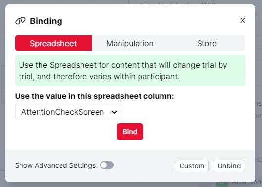 Screenshot of the binding set up, with the AttentionCheckScreen” column selected from the dropdown.