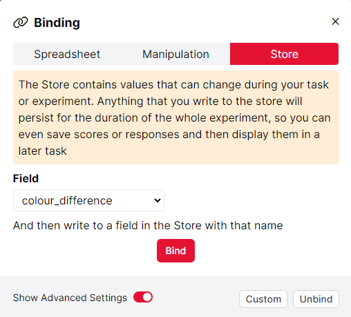 A screenshot of the Binding window. The image is bound to the Field colour_difference, and then to a Field in the Store with that name.