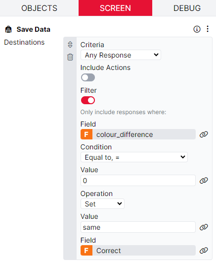 A screenshot of the Save Data component. Criteria is set to Any Response, and the Filter is set to only include responses where colour_difference = 0. The action is to set the value of a Field called Correct to 'same'.