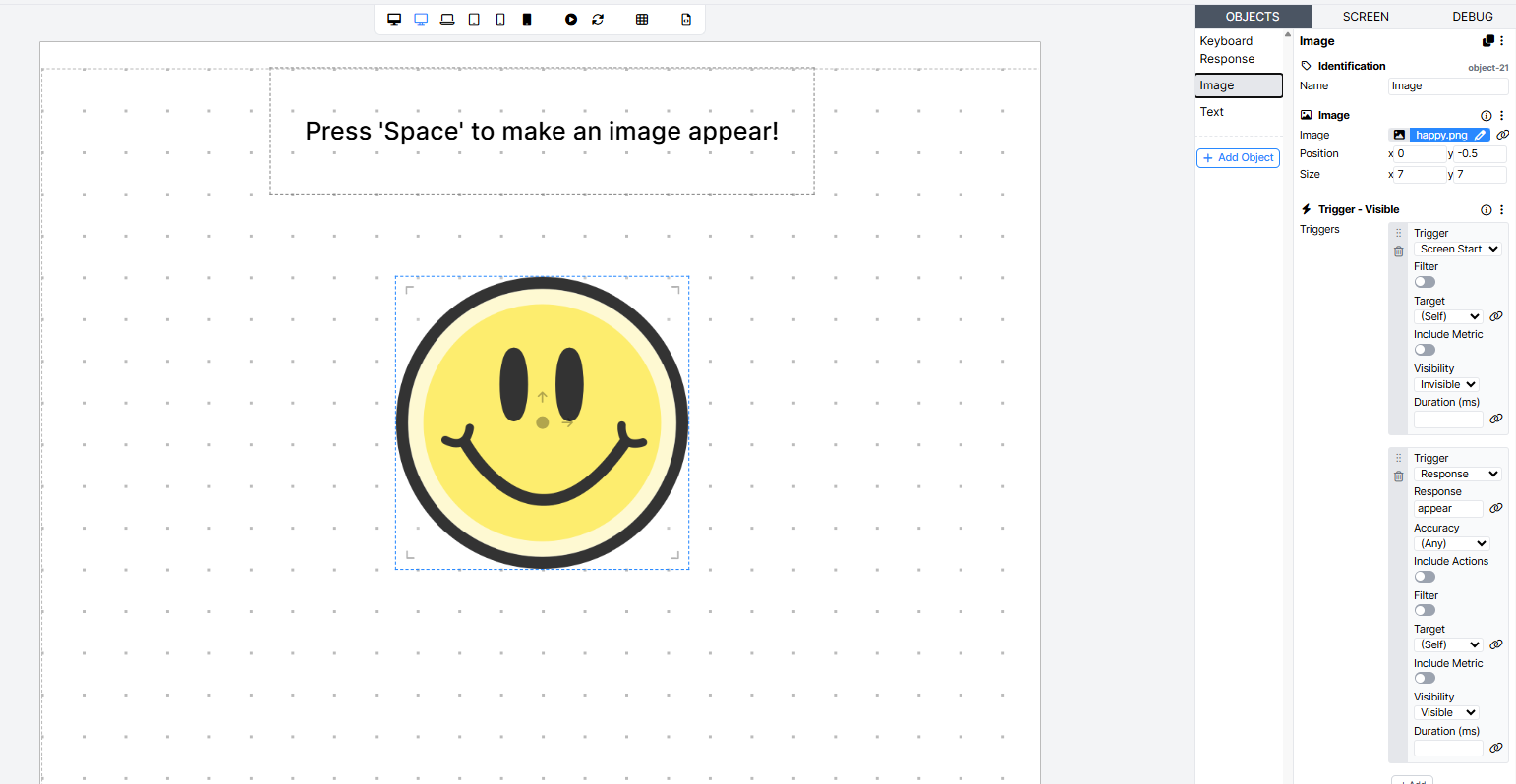 A Screenshot of Trigger Visible components applied to an Image component, where the trigger is from a keyboard response