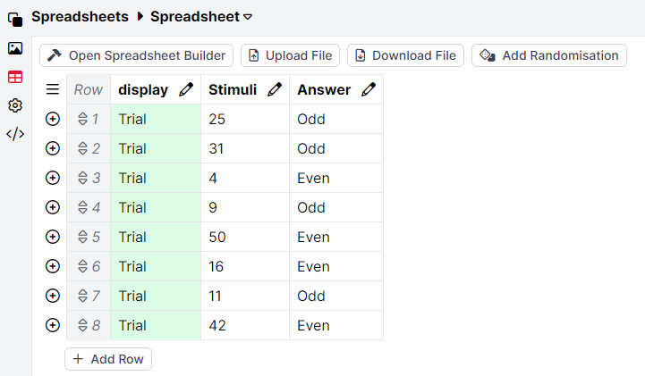 A screenshot of the spreadsheet within Task Builder 2. The answer column is filled in with either Odd or Even responses for each row of the spreadsheet.