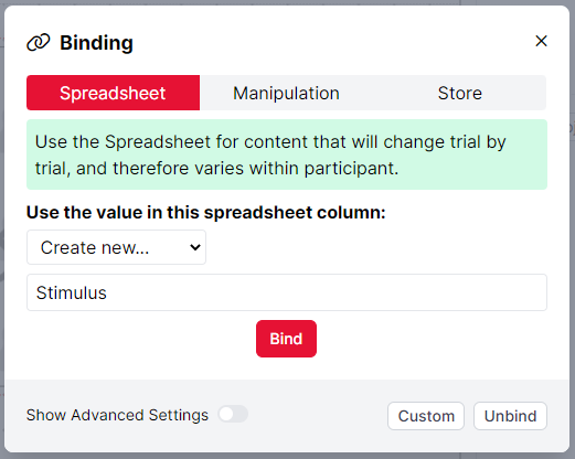 Screenshot of binding to a new spreadsheet column called 'Stimulus' in the binding window in Task Builder 2