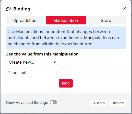 Screenshot of binding to a new manipulation called 'TimeLimit' in the binding dialogue in Task Builder 2