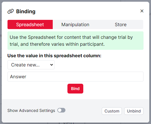 A screenshot of the binding window in Task Builder 2. A new column has been created called Answer.