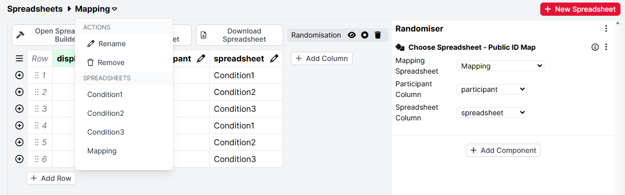 Screenshot of a task with spreadsheets Condition1, Condition2, Condition3, and Mapping. Choose Spreadsheet Public ID (Map) component is set up with Mapping as mapping spreadsheet, 'participant' as Participant Column and 'spreadsheet' as Spreadsheet Column