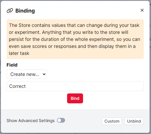 Screenshot of binding to a new Store field called 'Correct'