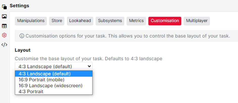 A screenshot of the Customisation Settings tab in Task Builder 2. The drop down is open to show the different Layout options available.