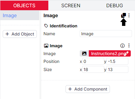 Screenshot of the Object Editor in Task Builder 2, with the object Image selected. The Duplicate button at the top-right of the Object Editor is highlighted.