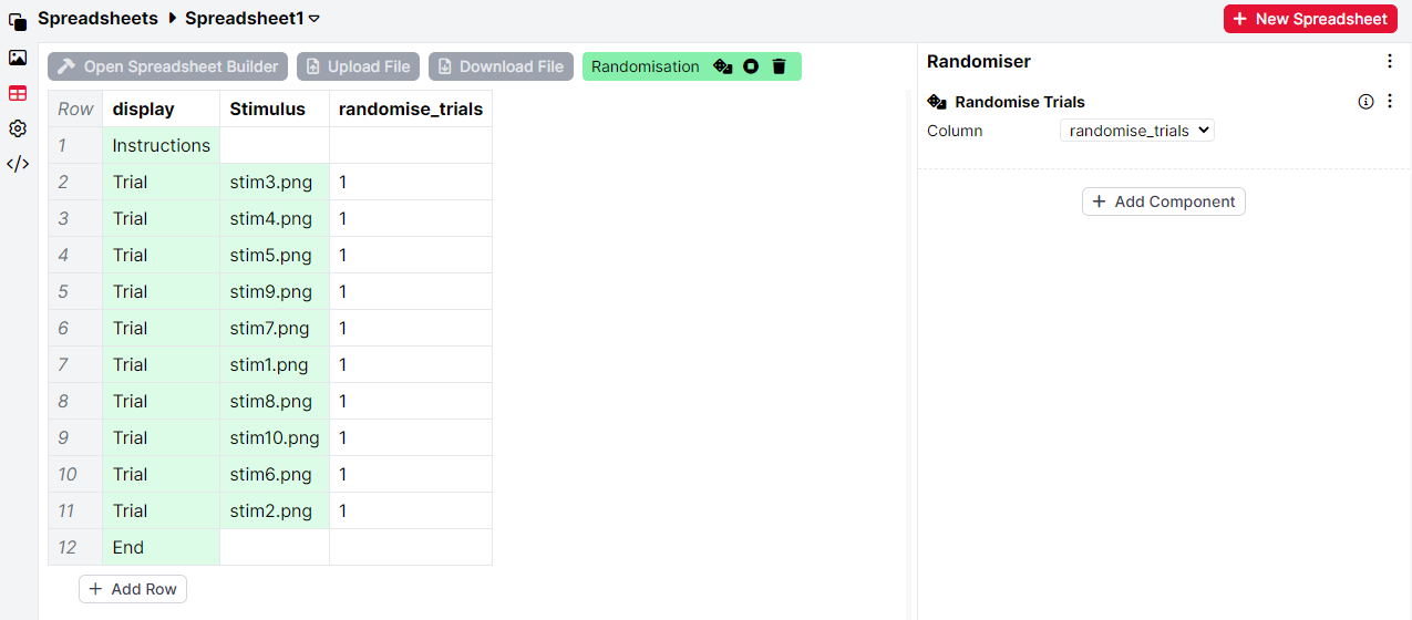 Screenshot of a randomisation preview in the Spreadsheet in Task Builder 2