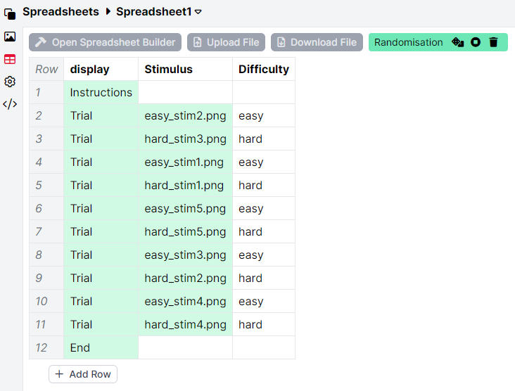 Screenshot of randomisation preview showing easy and hard trials independently shuffled