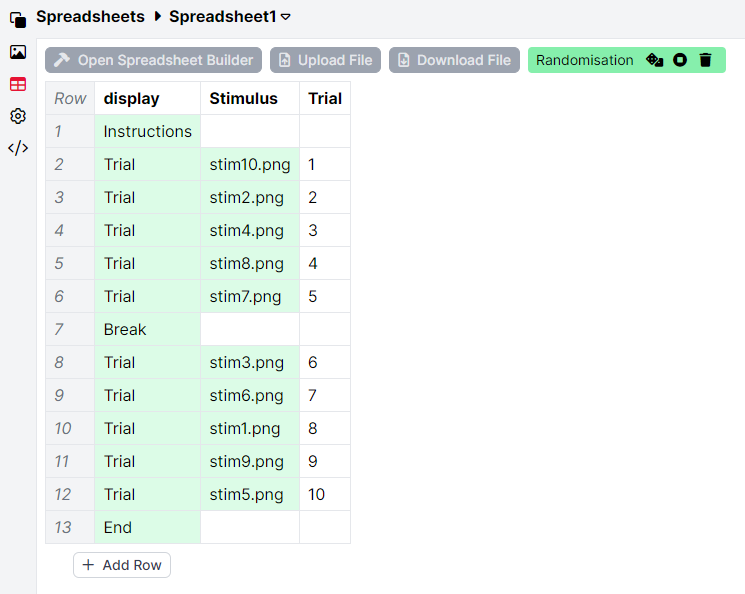 Screenshot of a randomisation preview showing the order of non-empty cells in the Stimulus column being shuffled