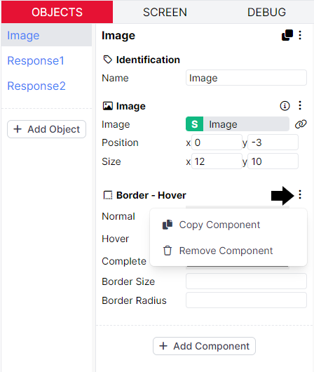 Screenshot of the Object Editor in Task Builder 2, showing the components of the Image object. The three-dots menu at the top right of the Border - Hover component is highlighted. The menu is open, showing the options 'Copy Component' and 'Remove Component'.