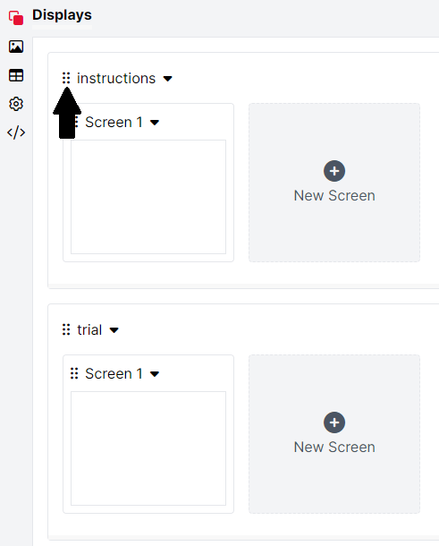 Screenshot of a Task Builder 2 task with two displays, showing how clicking and dragging at the top-left of each display allows you to reorder them.