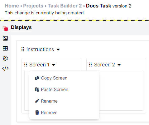 Screenshot of a screen within a display in Task Builder 2 showing the screen menu, containing options Copy Screen, Paste Screen, Rename, and Remove.