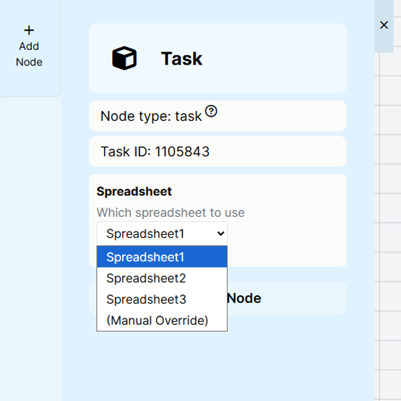 Screenshot of the task Spreadsheet dropdown in an experiment.