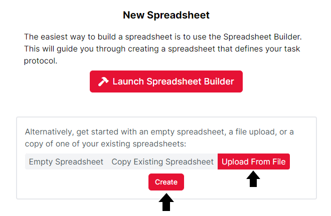 Screenshot of the New Spreadsheet screen. 'Upload From File' is selected, and the 'Create' button is highlighted