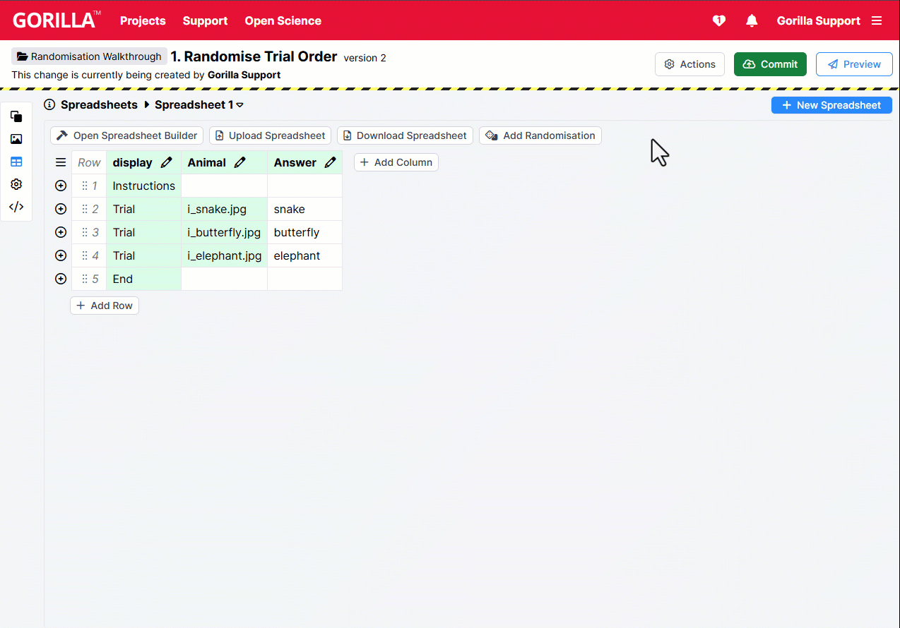 GIF showing clicking Add Randomisation to open the Randomiser panel, then clicking Add Component to open the randomisation component picker