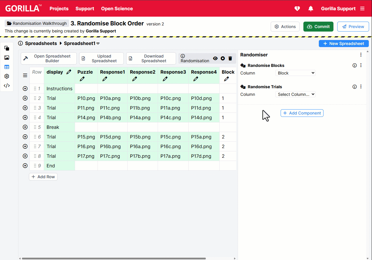 GIF showing selecting the Block column from the Randomise Trials dropdown and clicking the eye icon repeatedly to preview randomisation