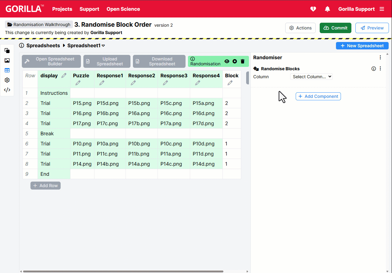 GIF showing selecting the Block column from the Randomise Block dropdown and clicking the eye icon repeatedly to preview randomisation