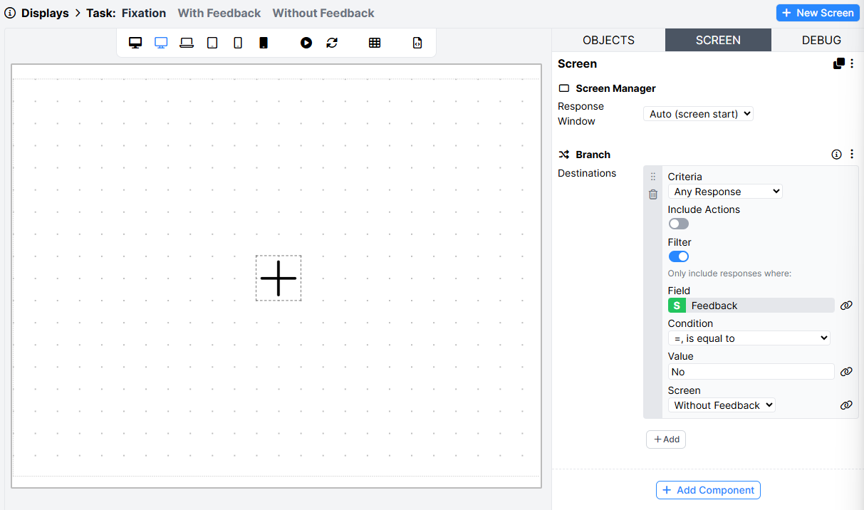 Screenshot of the Screen tab of the Fixation screen of the Task display, showing the Branch component