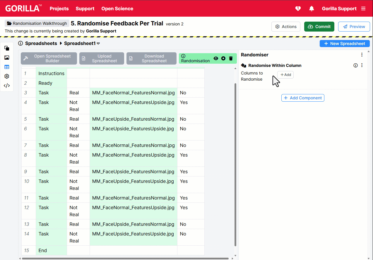 GIF showing selecting the Feedback column from the Randomise Within Column dropdown and clicking the eye icon repeatedly to preview randomisation