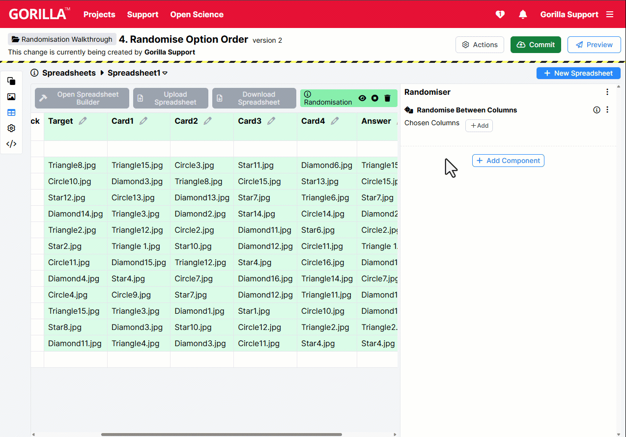 GIF showing selecting the Card1, Card2, Card3, and Card4 columns from the Randomise Between Columns dropdown and clicking the eye icon repeatedly to preview randomisation