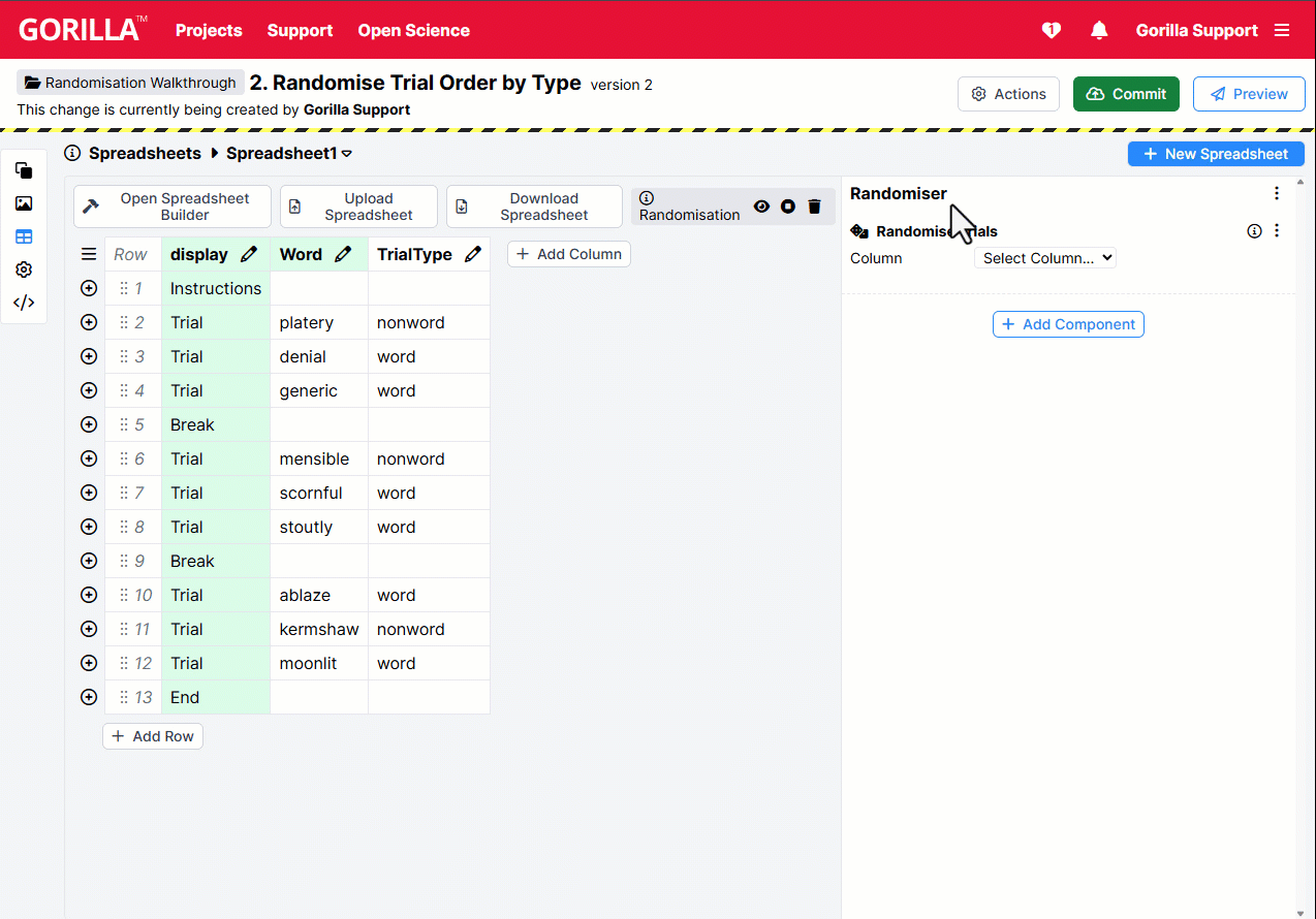 GIF showing selecting the TrialType column from the Randomise Trials dropdown and clicking the eye icon repeatedly to preview randomisation
