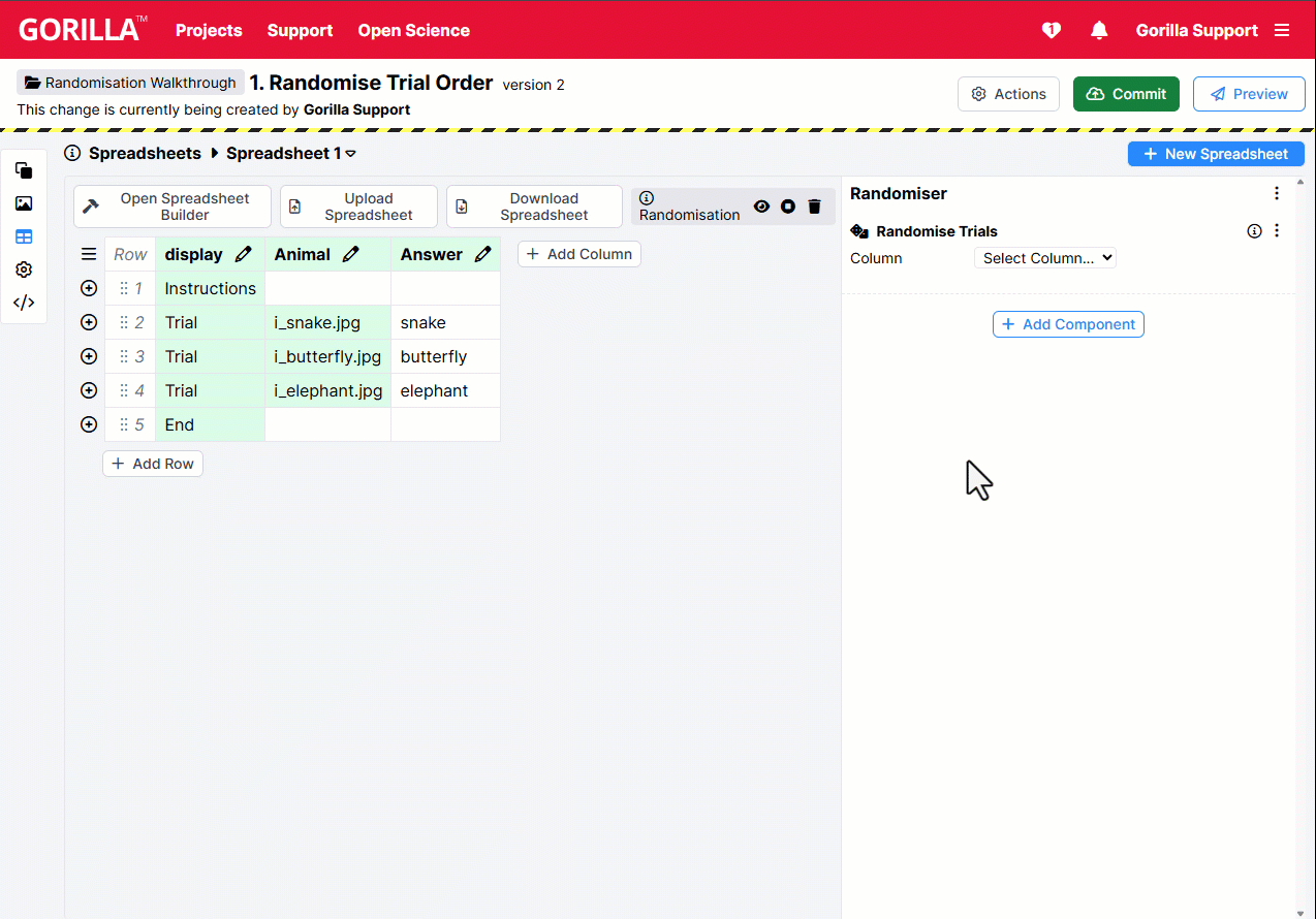 GIF showing selecting the display column from the Randomise Trials dropdown and clicking the eye icon repeatedly to preview randomisation
