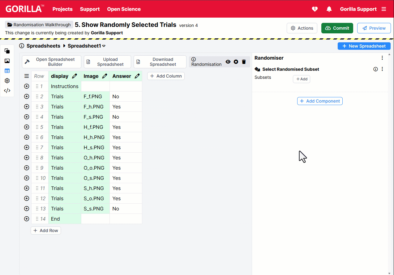GIF showing entering the subset details in the Select Randomised Subset component and clicking the eye icon repeatedly to preview randomisation