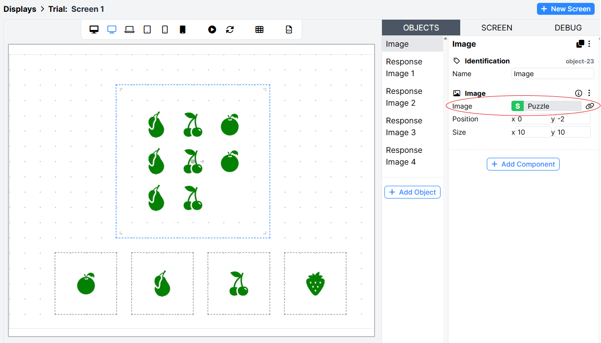 Screenshot of the settings of the main puzzle Image object on Screen 1 of the Trial display. The Image setting has a green S showing it's bound to the spreadsheet column Puzzle