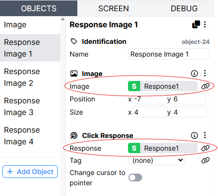 Screenshot of the settings of the Response Image 1 object on Screen 1 of the Trial display. The Image setting of the Image component and the Response setting of the Click Response component both have a green S showing they are bound to the spreadsheet column Response1