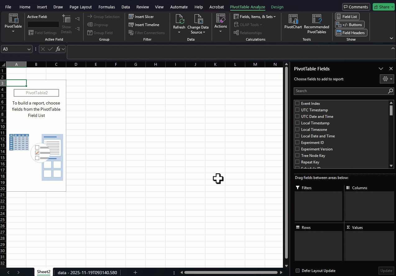 GIF showing a pivot table in Excel summarising average Reaction Time by the Spreadsheet: Orientation column
