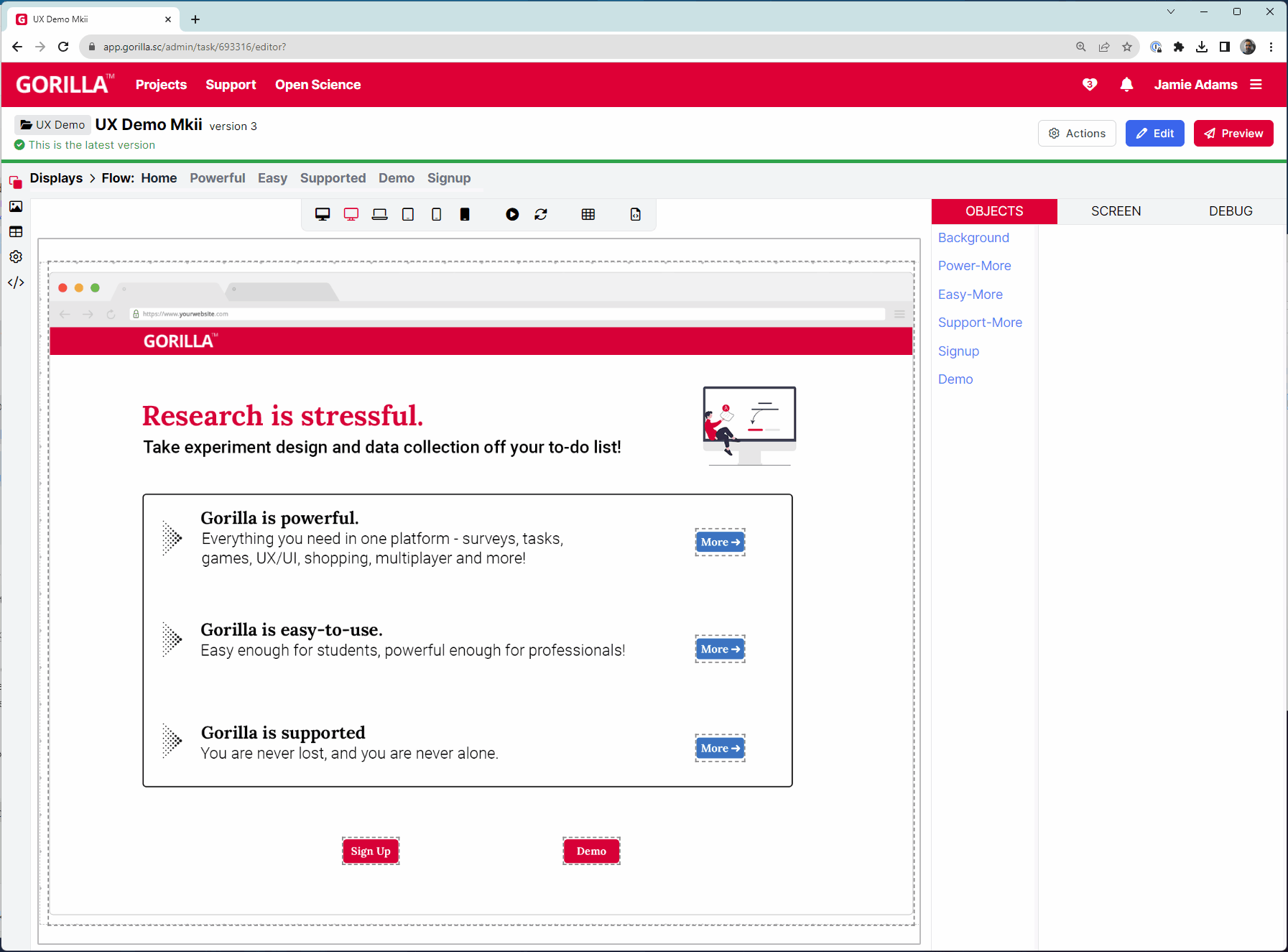 A gif showcasing the UX example created in the task builder. The gif starts by clicking on the objects, revealing the components and their settings. Then, the task is previewed. We can navigate to different screens in the display via the buttons. The task ends when we click Finish on the Sign-up screen.