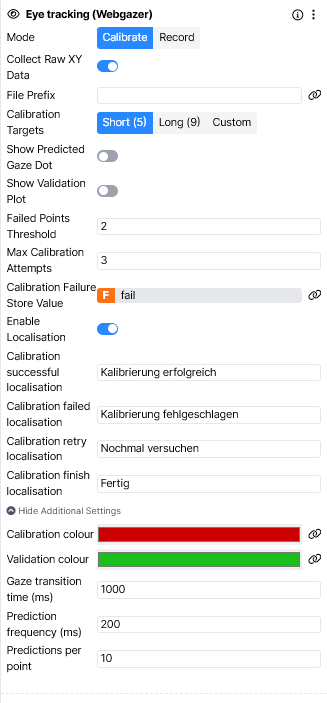 A screenshot of the Eye Tracking component. In the Calibrate mode, the localisation text has been added in German.