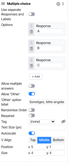 A screenshot of the Multiple Choice component, where the Other option label has been edited to be in German