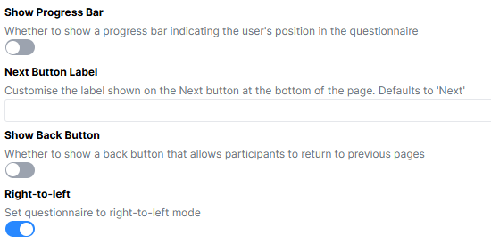 A screenshot of the Settings tab in Questionnaire Builder 2 where the Right-to-left button is toggled on