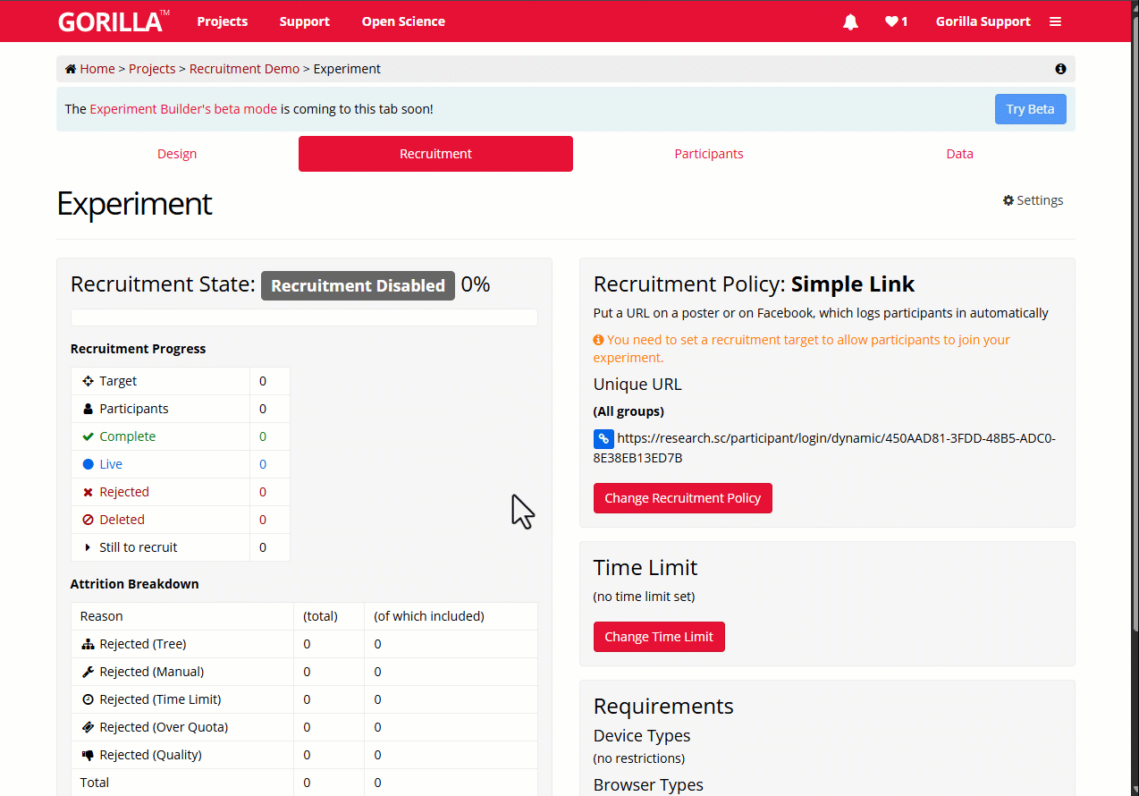 GIF showing how to change the recruitment target on an experiment