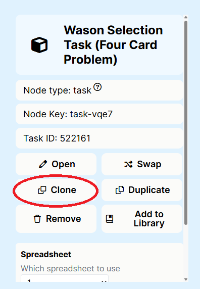 Screenshot of task node settings in Experiment Builder. Clone button is circled