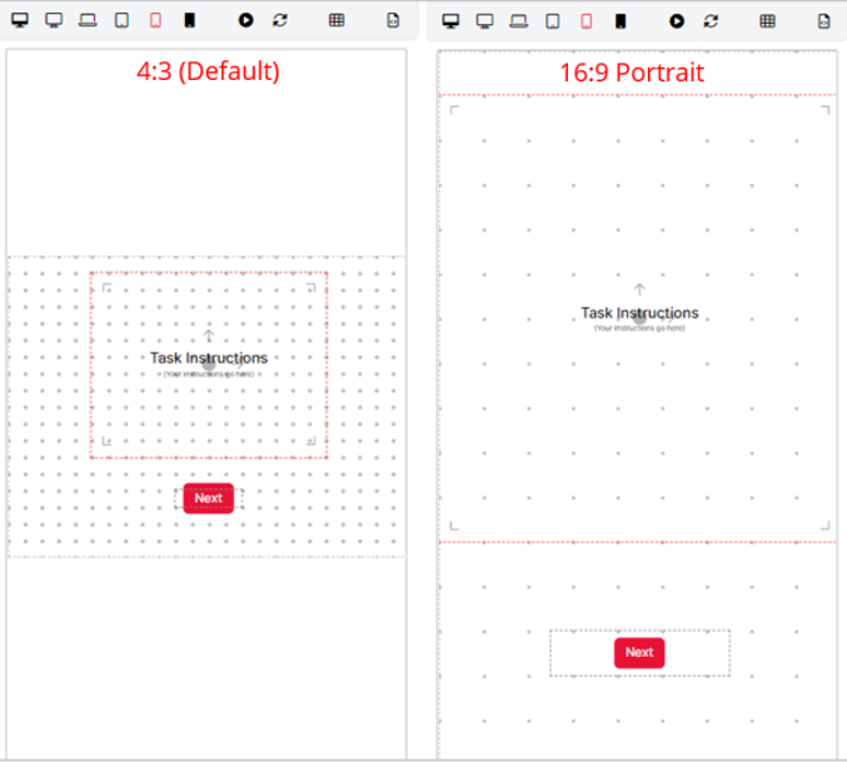 A screenshot of two Task Builder 2 task screens. The left is set to 4:3 Landscape layout, and the right is set to 16:9 Portrait layout.