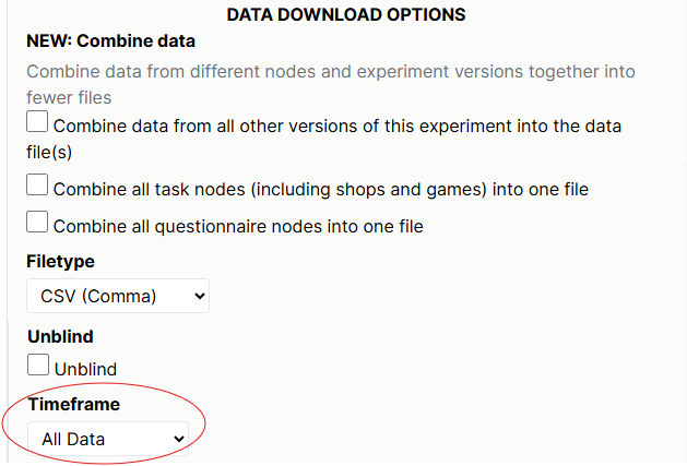 Screenshot of the Download Experiment Data window. 'Timeframe' dropdown is circled