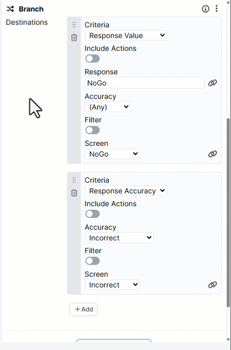 GIF showing how to reorder Destinations within the Branch component by dragging them