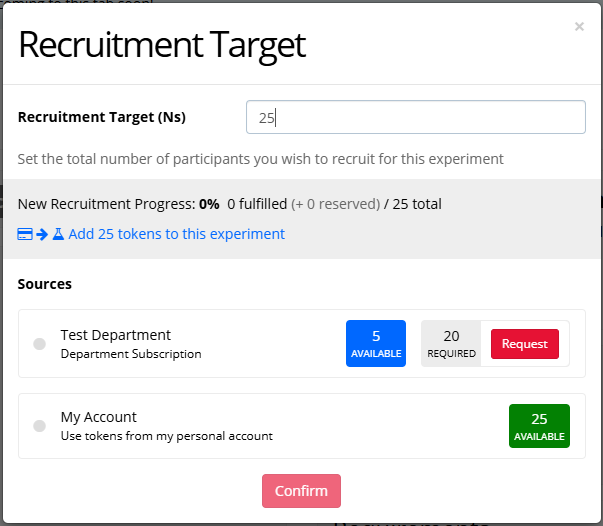 Screenshot of the Increase Recruitment Target window. Under Sources are two options to take tokens from: Test Department subscription, and My Account